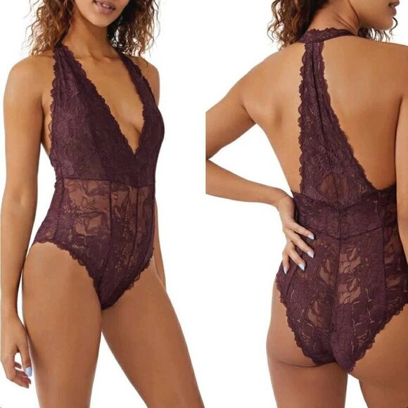 Free People Tops - Free People Intimately Everyday Lace Deep V Bodysuit in Plum Jam Sz S NWT